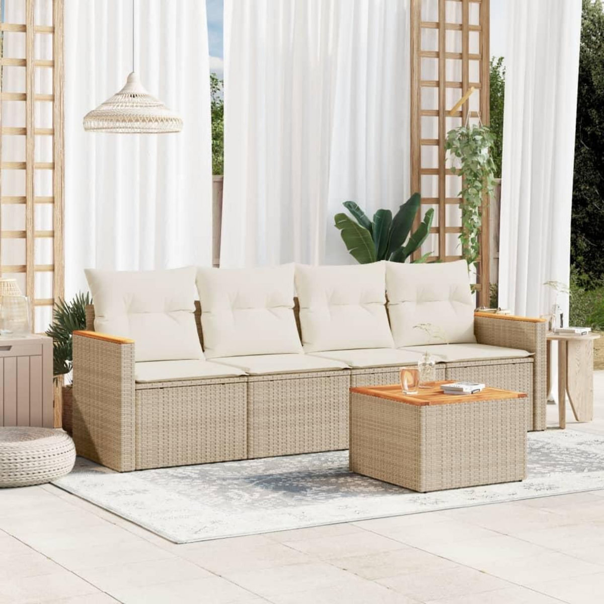 VIDAXL Salon de jardin avec coussins 5 pcs beige resine tressee