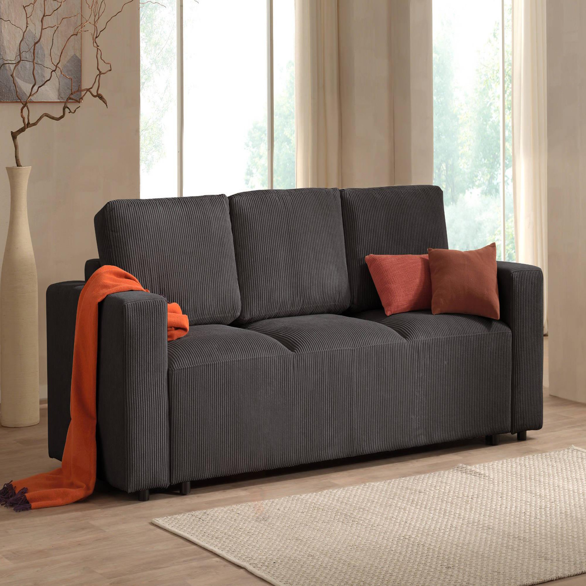 Voir la diapositive 2 : LISA DESIGN Livy - canapé droit convertible - avec coffre - en velours côtelé - 3 places