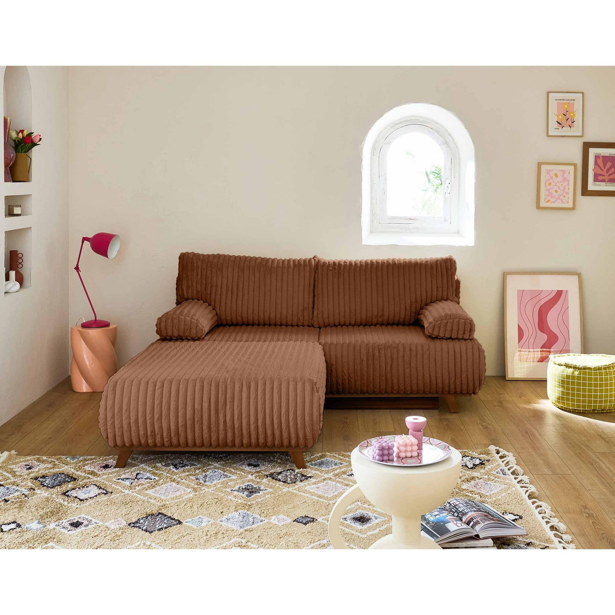 BEST MOBILIER Cristal - canapé 3 places - convertible avec coffre et grand pouf - en fausse fourrure côtelée