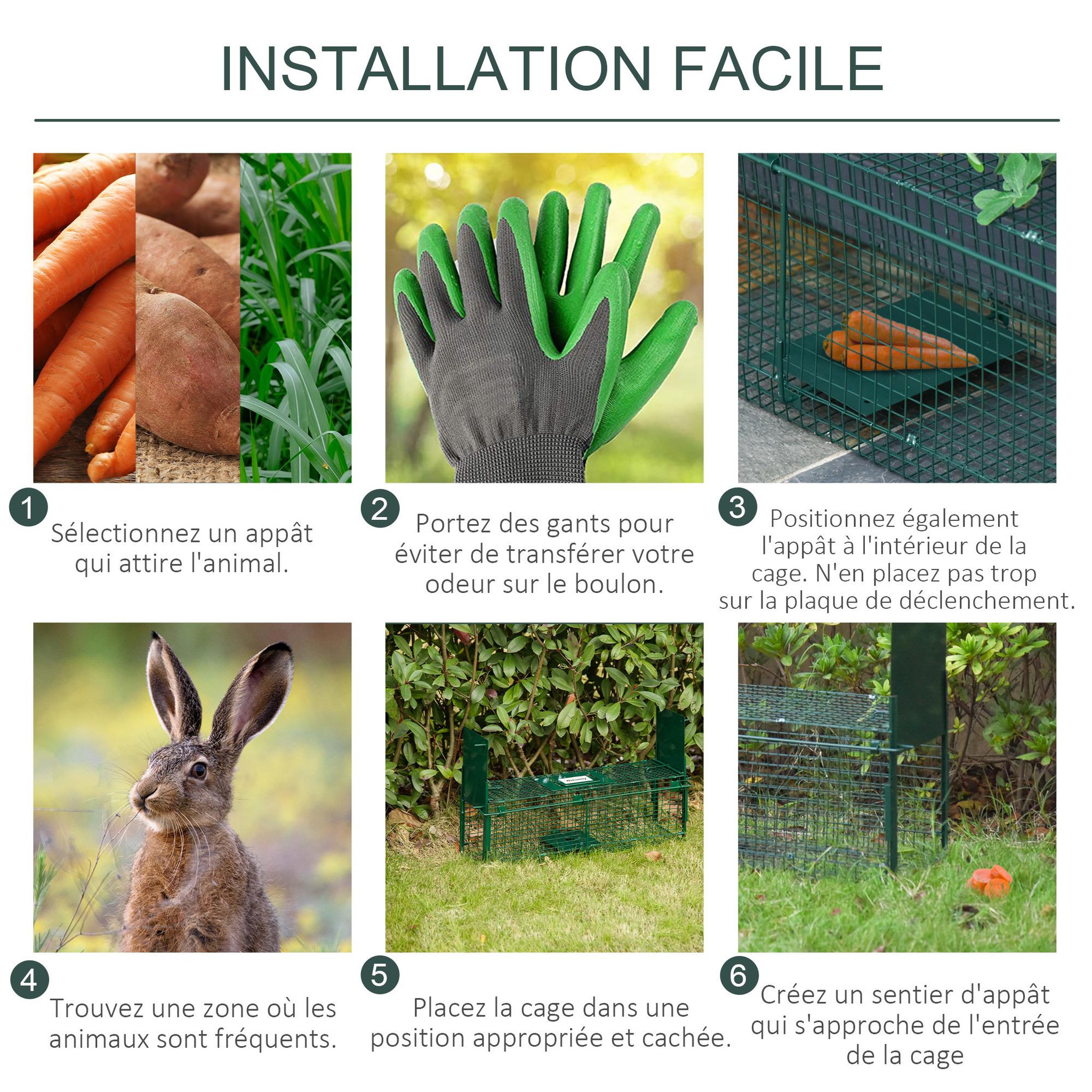 Voir la diapositive 5 : PAWHUT Piège de capture pour petits animaux type lapin rat - 2 entrées + poignée - dim. 60L x 18l x 20H cm - métal vert