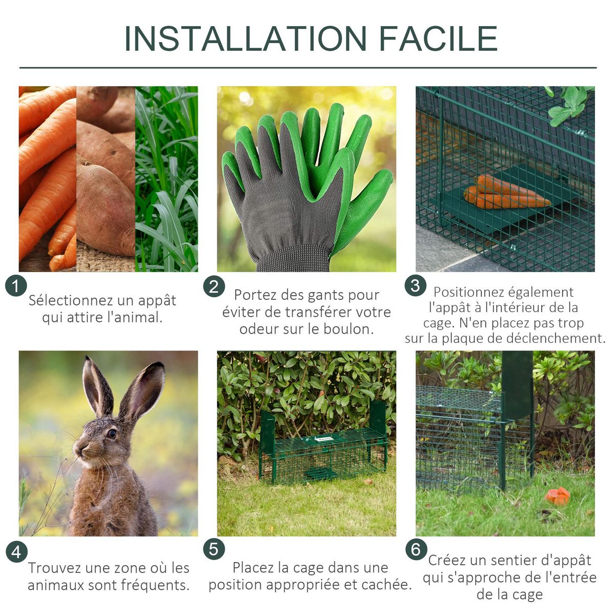 PAWHUT Piège de capture pour petits animaux type lapin rat - 2 entrées + poignée - dim. 60L x 18l x 20H cm - métal vert
