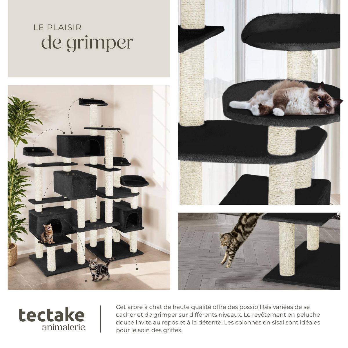 tectake Arbre à chat 214 cm avec griffoir et plateforme d'escalade noir