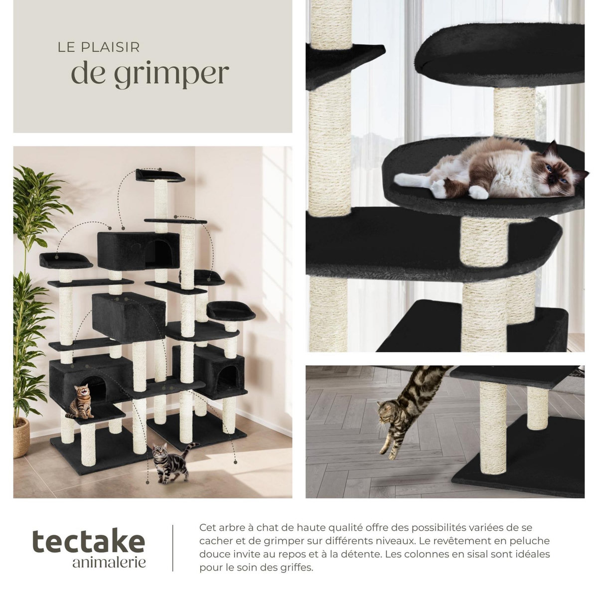 tectake Arbre à chat 214 cm avec griffoir et plateforme d'escalade noir