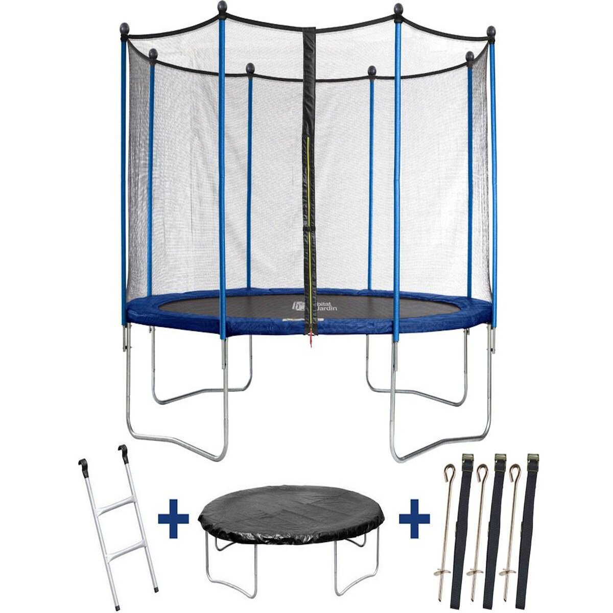 Habitat et Jardin Trampoline  Happy  - Ø 3.65 m m - Avec filet + échelle + couverture + kit d'ancrage