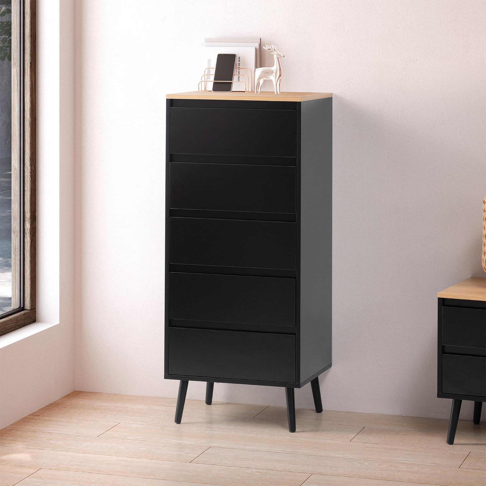 Voir la diapositive 2 : VS VENTA-STOCK Commode haute Desi 5 tiroirs couleur Noir