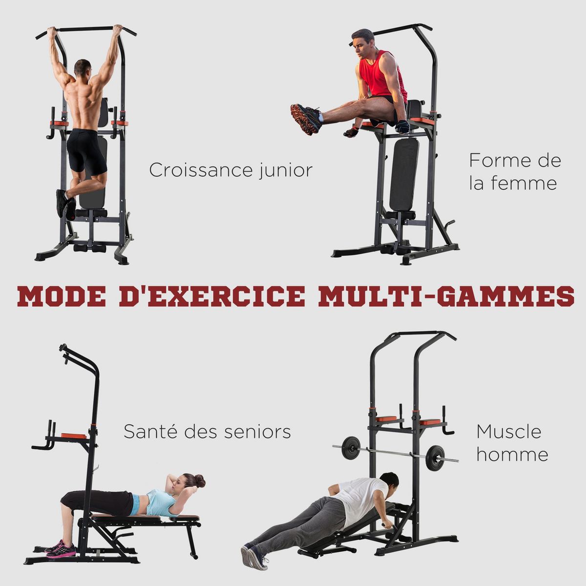 HOMCOM Station de musculation Fitness entrainement complet - barre de traction, à dips, banc de musculation pliable, poignées push-up  - acier noir