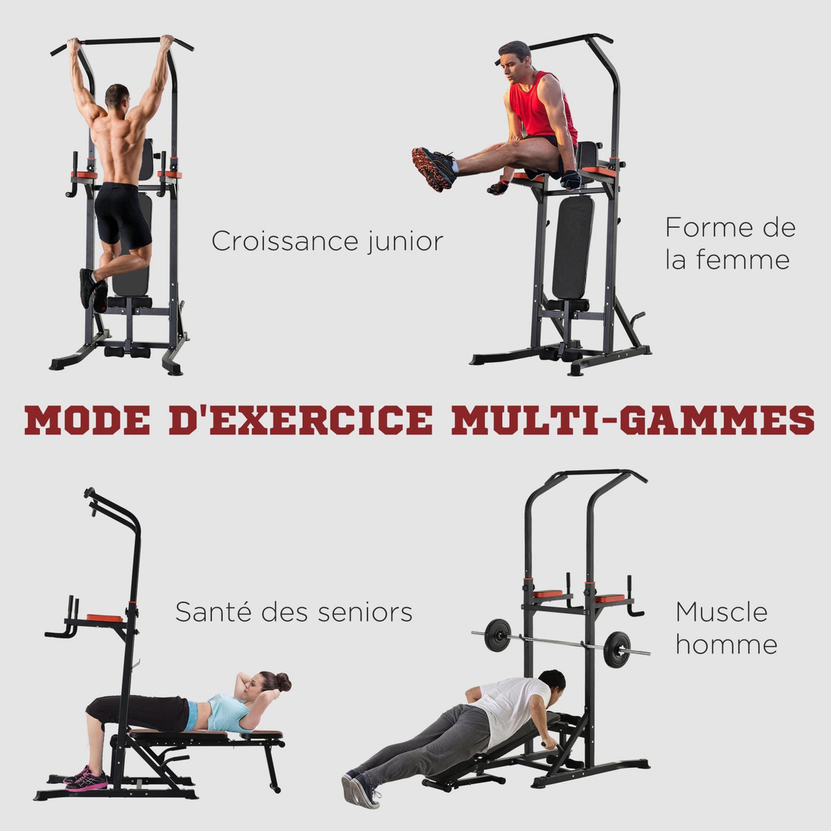 HOMCOM Station de musculation Fitness entrainement complet - barre de traction, à dips, banc de musculation pliable, poignées push-up  - acier noir