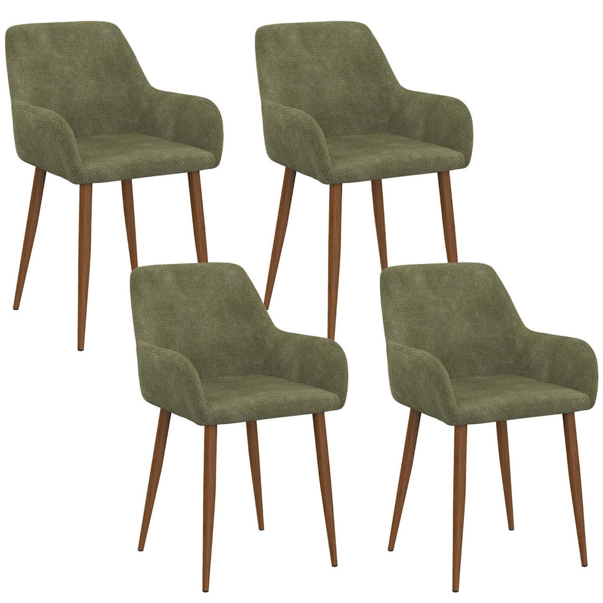 ID MARKET Lot de 4 chaises RORY en tissu chenille verte pieds noyer pour salle à manger