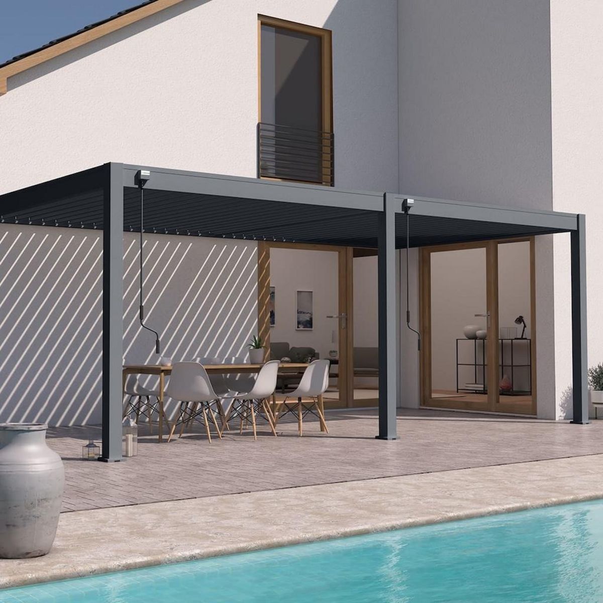 Chalet & jardin Pergola bioclimatique - Ombréa - adossée - 3x6M - Anthracite - Version 2 - 300x600x258 cm