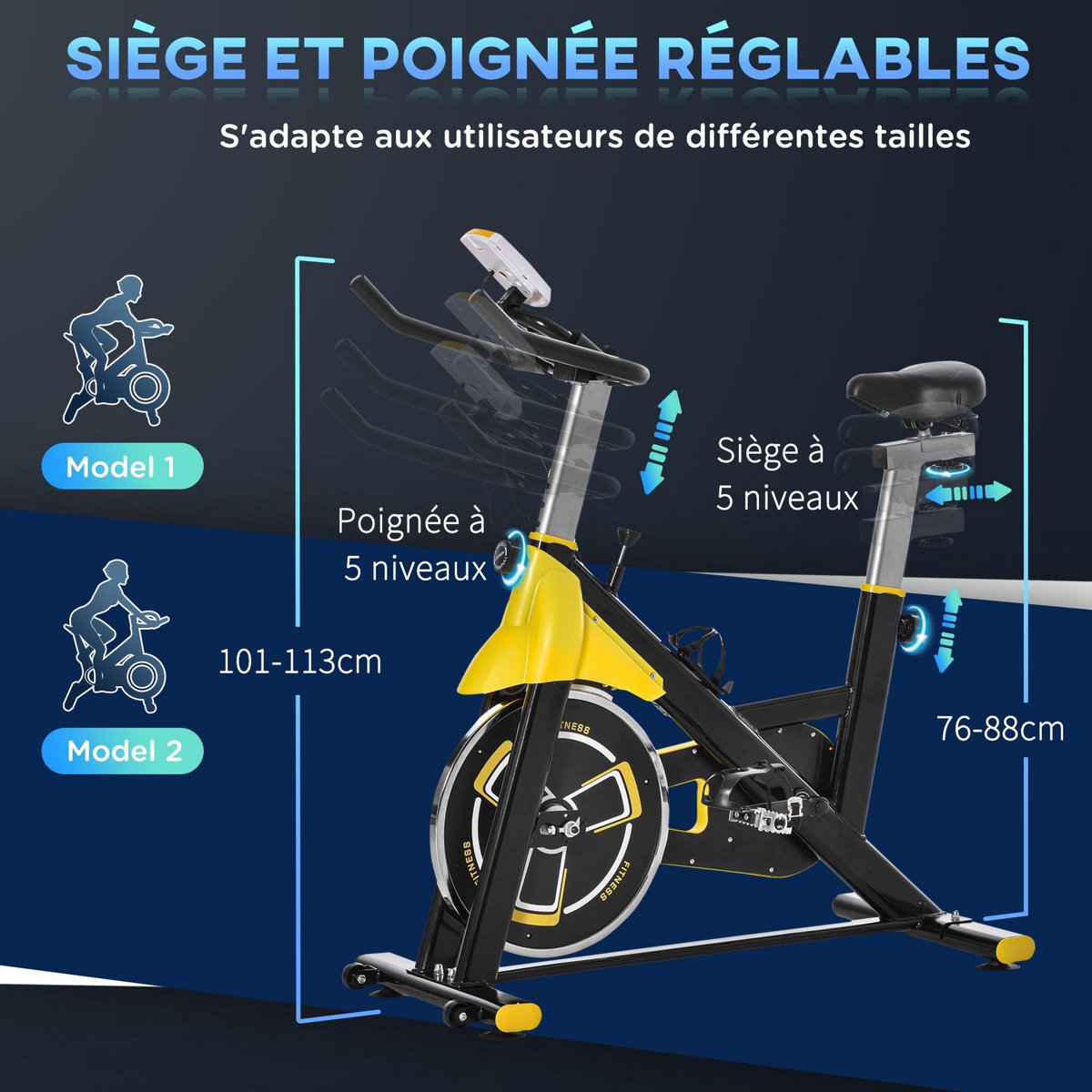 HOMCOM Vélo d'appartement vélo biking cardio écran LCD multifonctions selle guidon réglables acier noir jaune