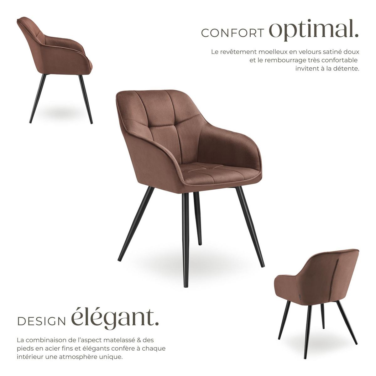 tectake Chaise de salle à manger rembourrée et en velours matelassé brun-noir Lot de 2