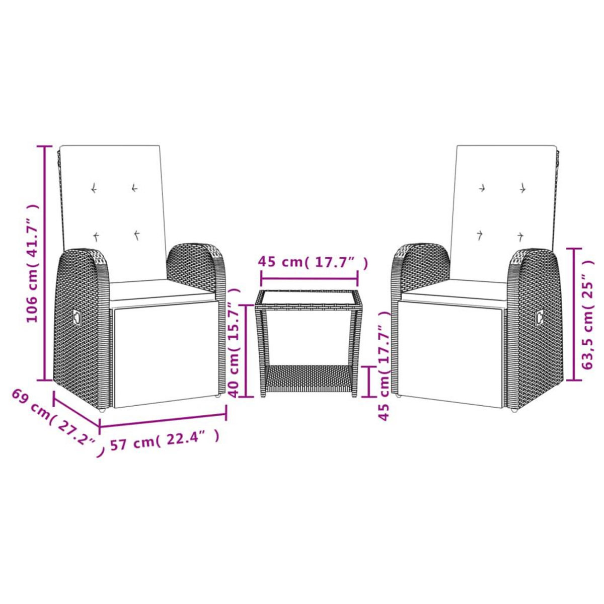 VIDAXL Ensemble a manger de jardin 3 pcs coussins gris resine tressee
