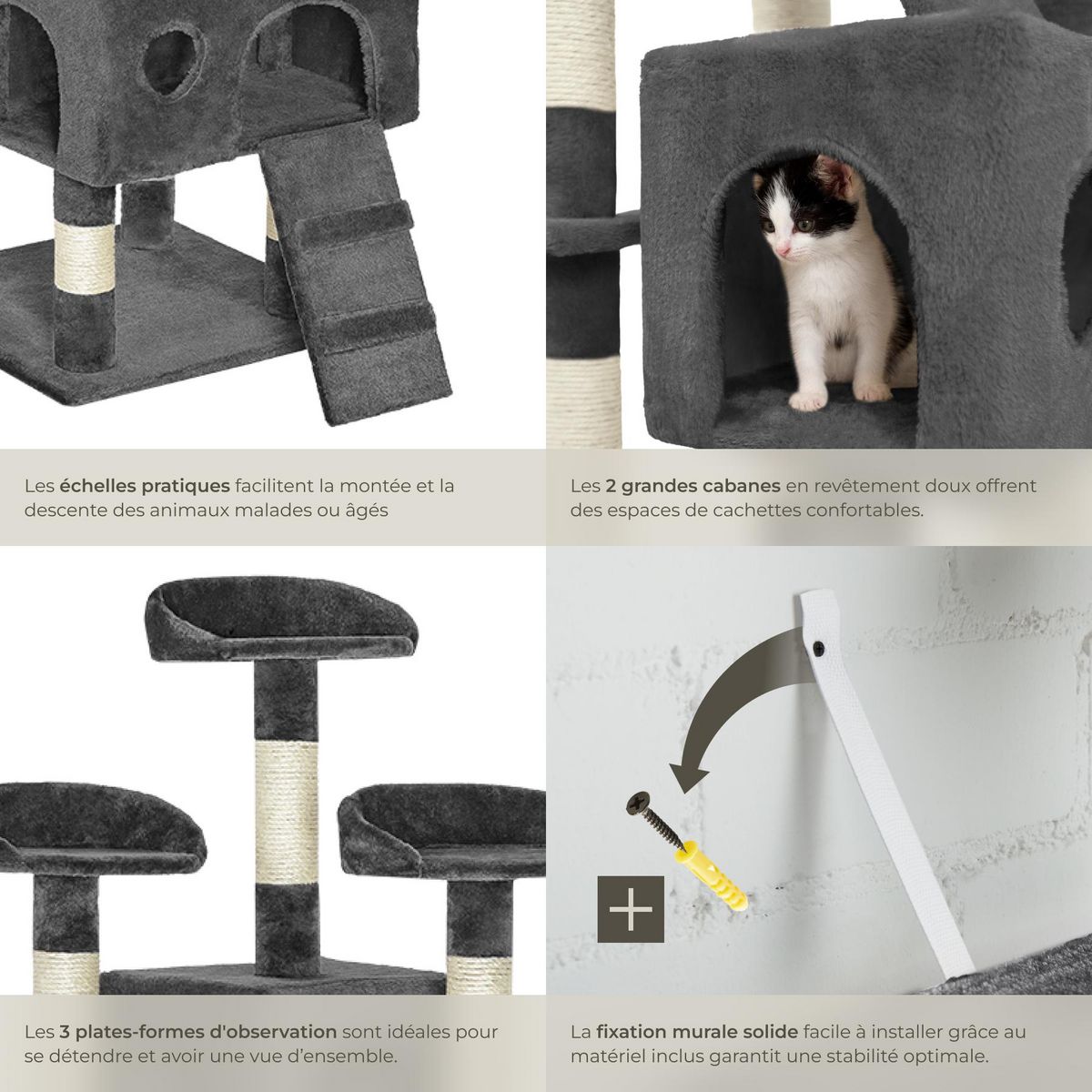 tectake Arbre à chat 170 cm avec griffoir et plateforme d'escalade gris