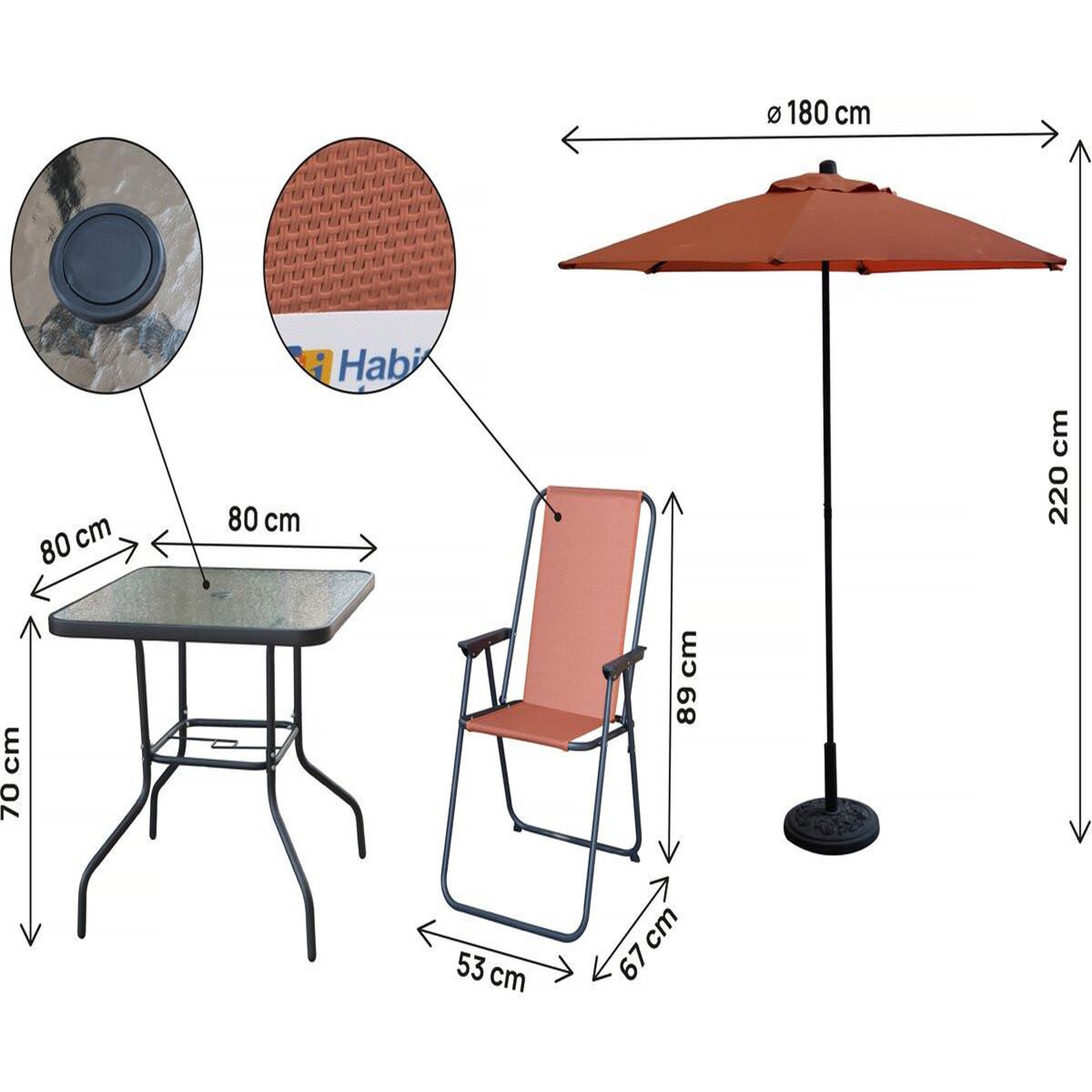 Voir la diapositive 3 : Habitat et Jardin Table et chaises de jardin avec parasol en métal  Convivia  - 4 places - Terracotta