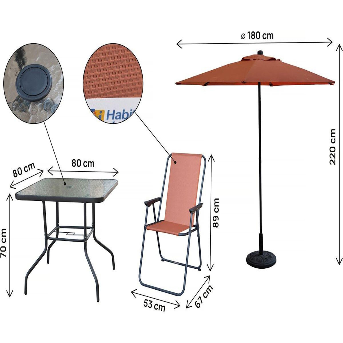 Habitat et Jardin Table et chaises de jardin avec parasol en métal  Convivia  - 4 places - Terracotta
