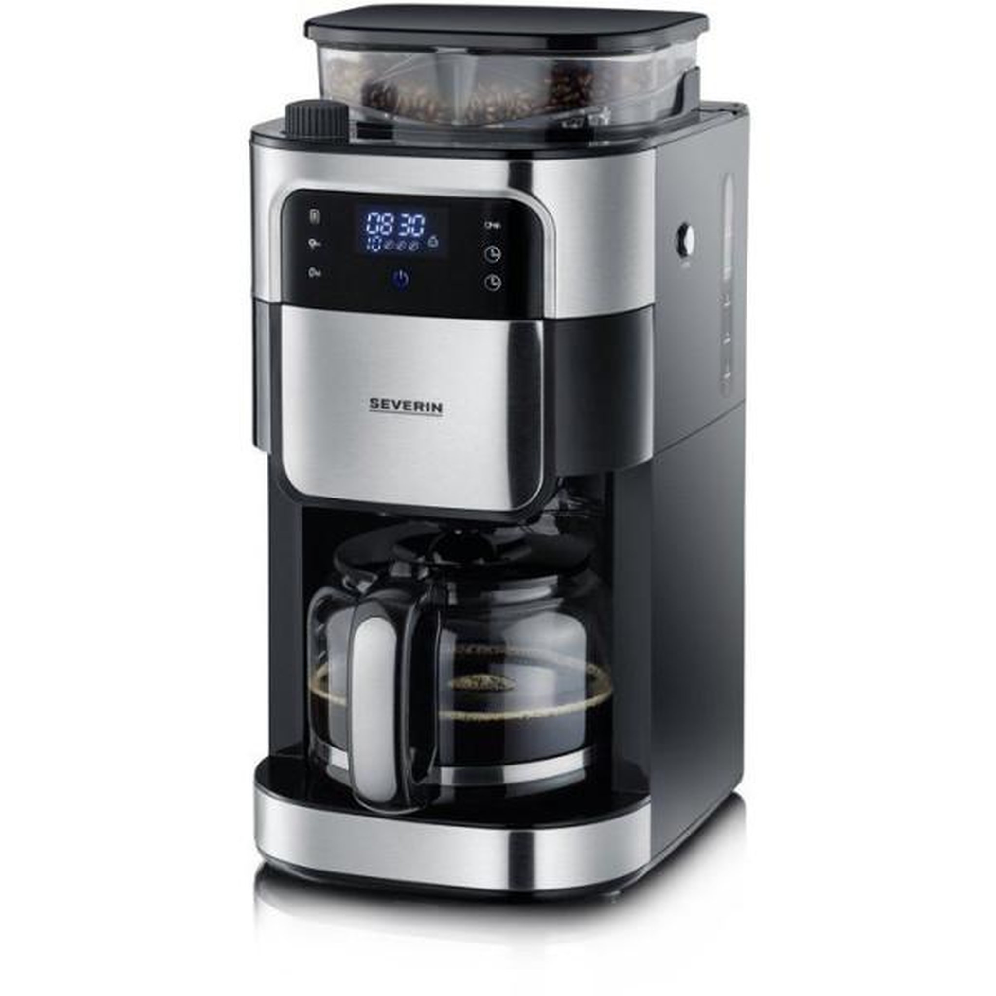 SEVERIN Machine a Cafe - Cafetiere Electrique  filtre avec broyeur intégré - SEVERIN - KA4813 -  a café écran tactile - verseuse 10 tasses - Noir/Inox