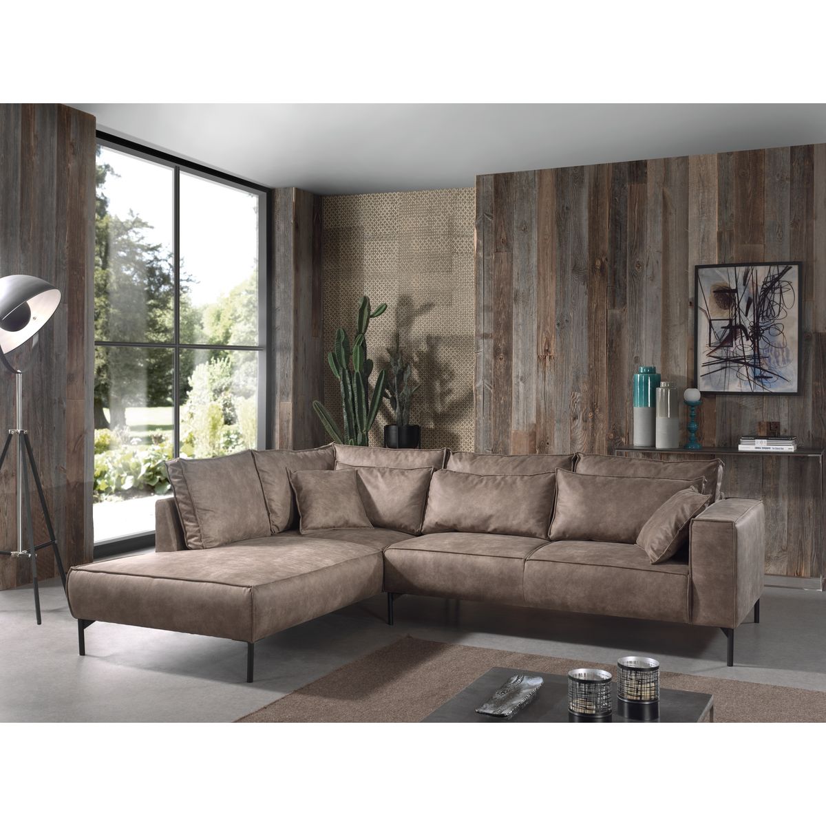 Canapé d'angle gauche  4 places BOK , tissu vintage, pied métal design