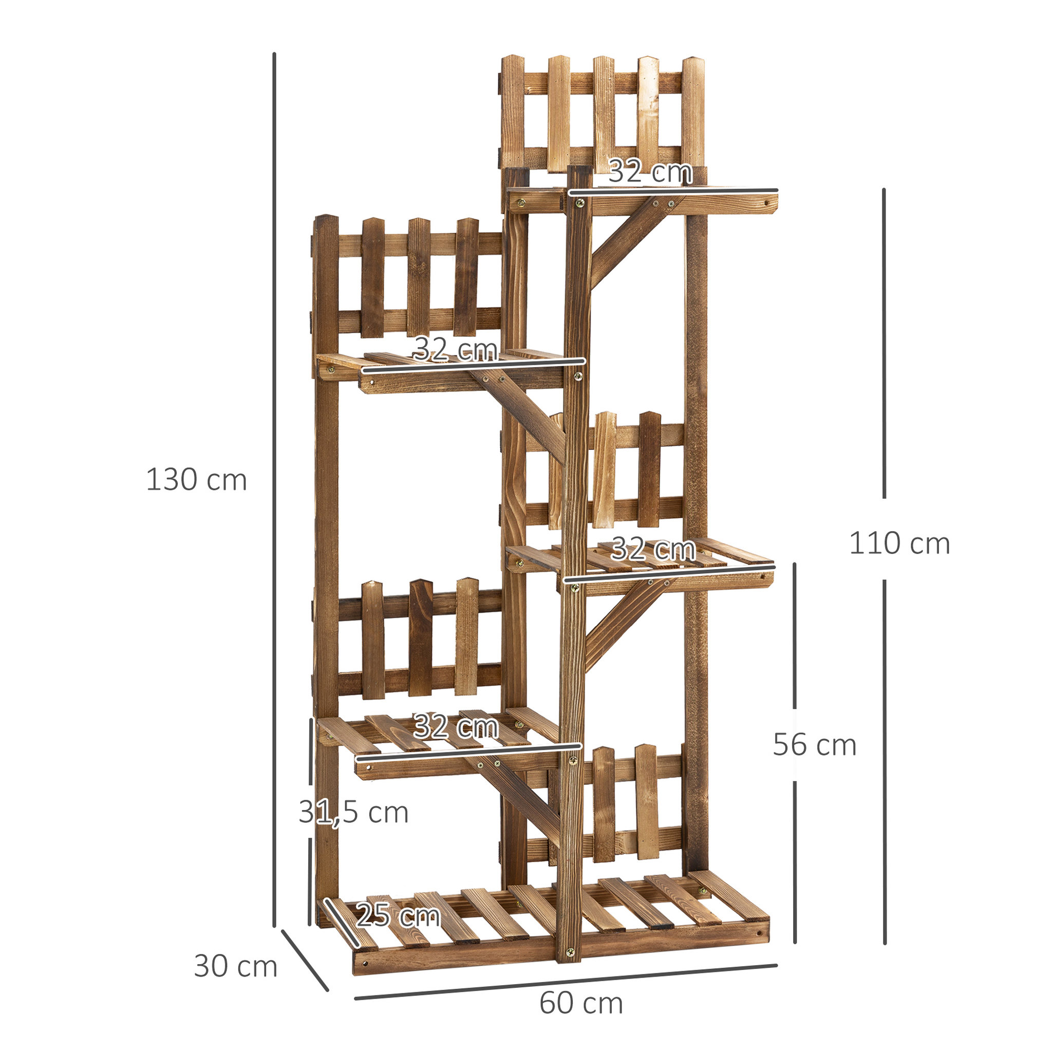 Voir la diapositive 3 : OUTSUNNY Étagère à fleurs en bois - porte plante bois 5 tablettes ornement petites barrières - dim. 60L x 30l x 130H cm - bois de sapin traité carbonisation