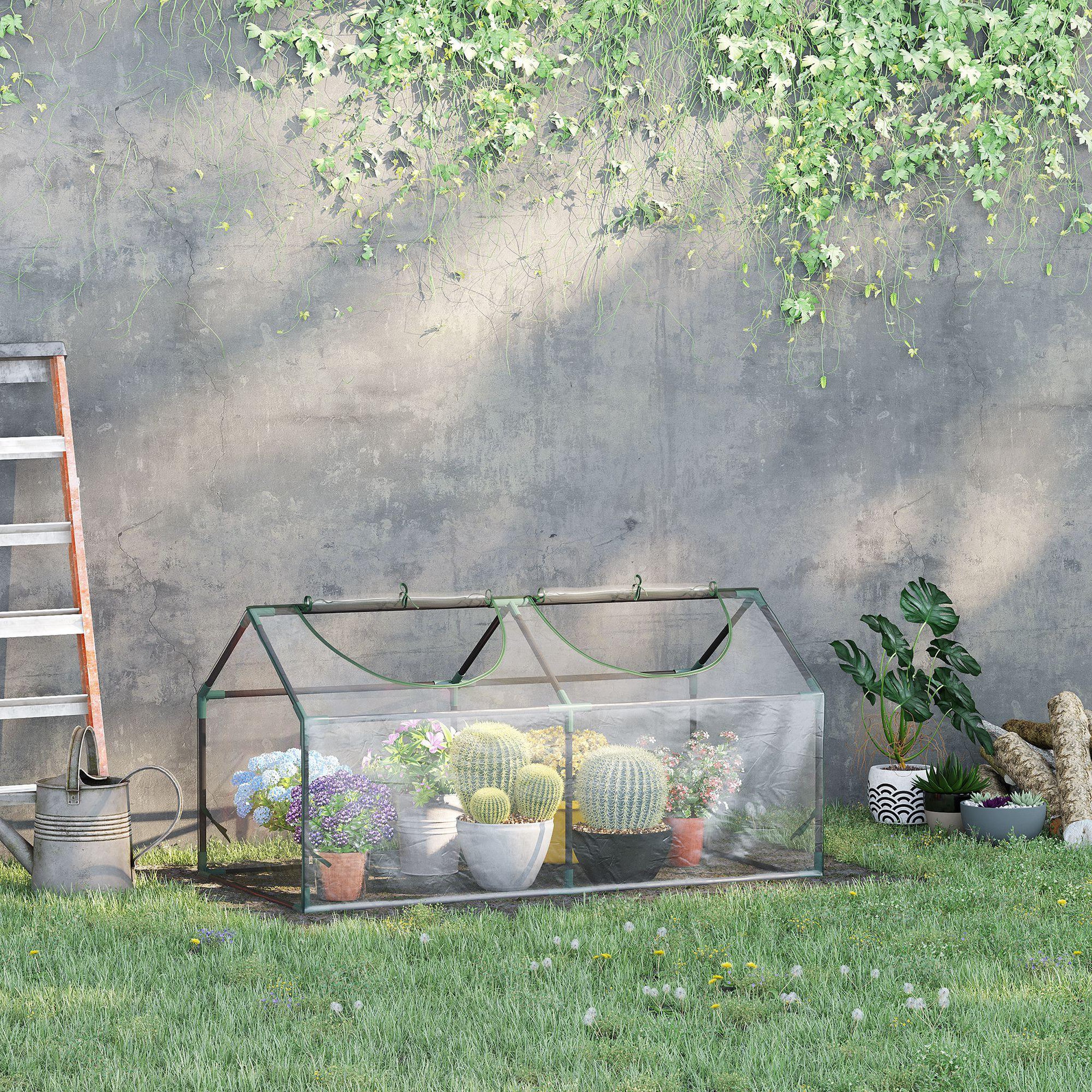 Voir la diapositive 2 : OUTSUNNY Mini serre de jardin serre à tomates 120 x 60 x 60 cm 2 fenêtres zippées enroulables acier thermolaqué PVC haute densité transparent