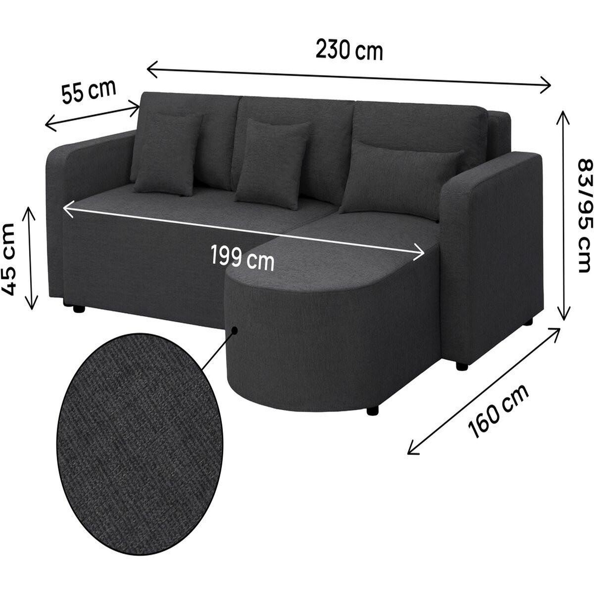 Voir la diapositive 4 : Habitat et Jardin Canapé d'angle convertible/réversible en tissu  charles  - 3 places - noir