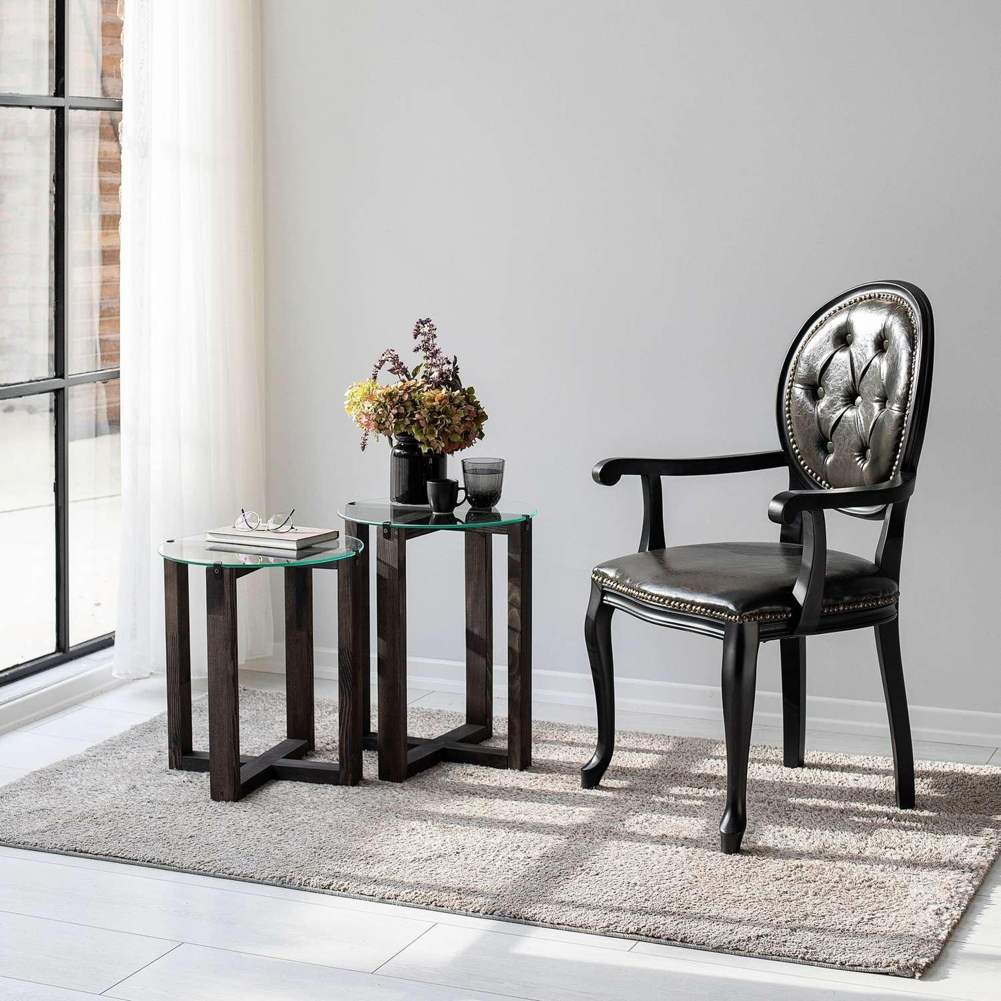 Voir la diapositive 2 : TOILINUX Lot de 2 tables d'appoint Galadron en verre et bois - Transparent et gris foncé