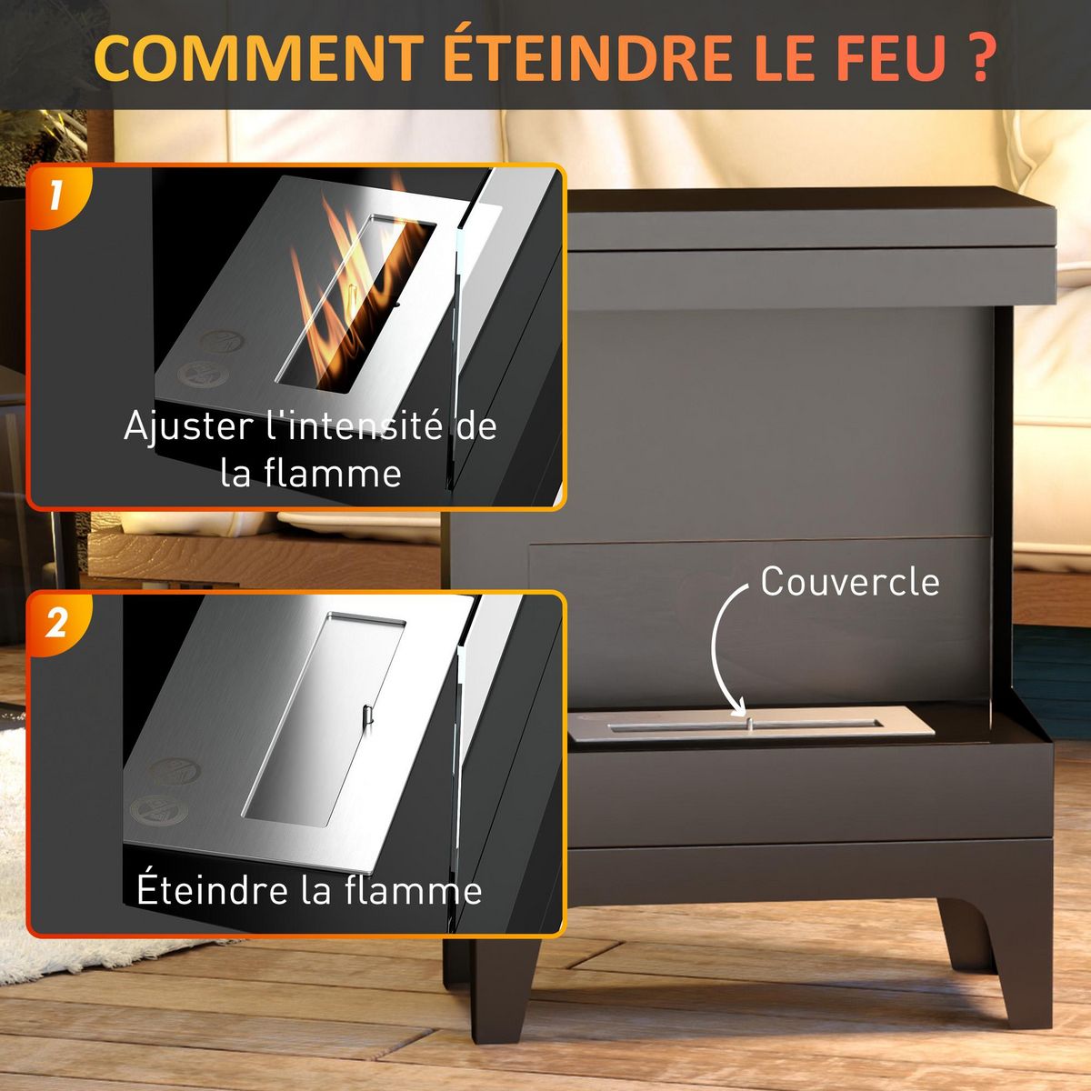 HOMCOM Cheminée bioéthanol sur pied - 0,9L - 38 x 22 x 54 cm - acier inox. noir verre trempé