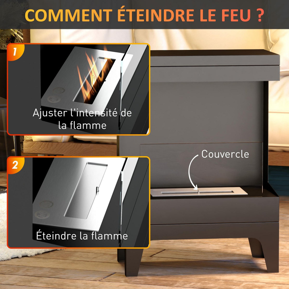 HOMCOM Cheminée bioéthanol sur pied - 0,9L - 38 x 22 x 54 cm - acier inox. noir verre trempé