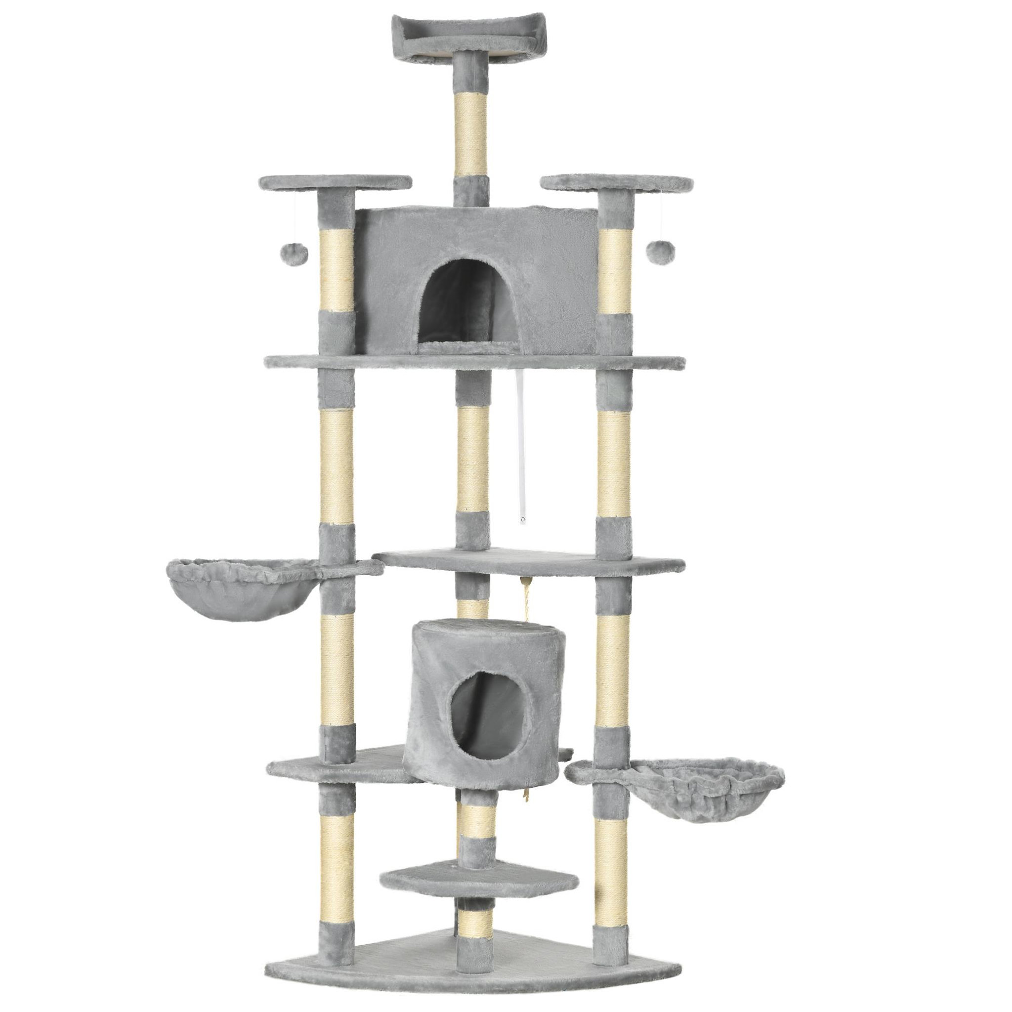 PAWHUT Arbre à chat multi-équipement griffoirs 2 niches 2 hamacs plateformes boules suspendues corde peluche grise