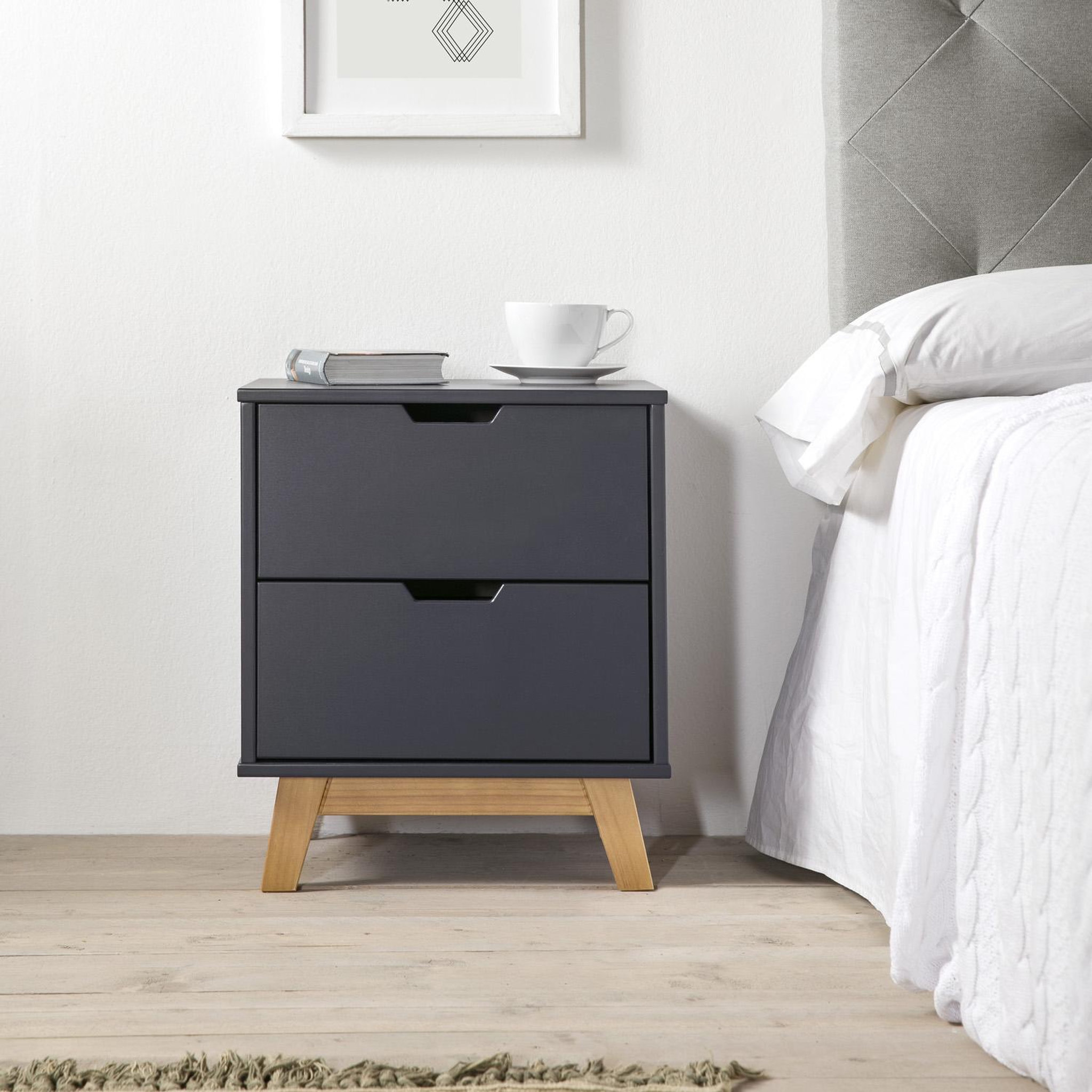 Voir la diapositive 4 : VS VENTA-STOCK Table de Chevet Miranda 2 tiroirs Gris, MDF laqué en couler Gris Anthracite