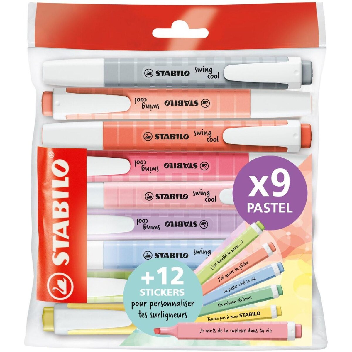 STABILO Lot de 9 surligneurs pastels Swing Cool + 12 stickers à message