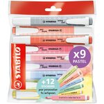 STABILO Lot de 9 surligneurs pastels Swing Cool + 12 stickers à message