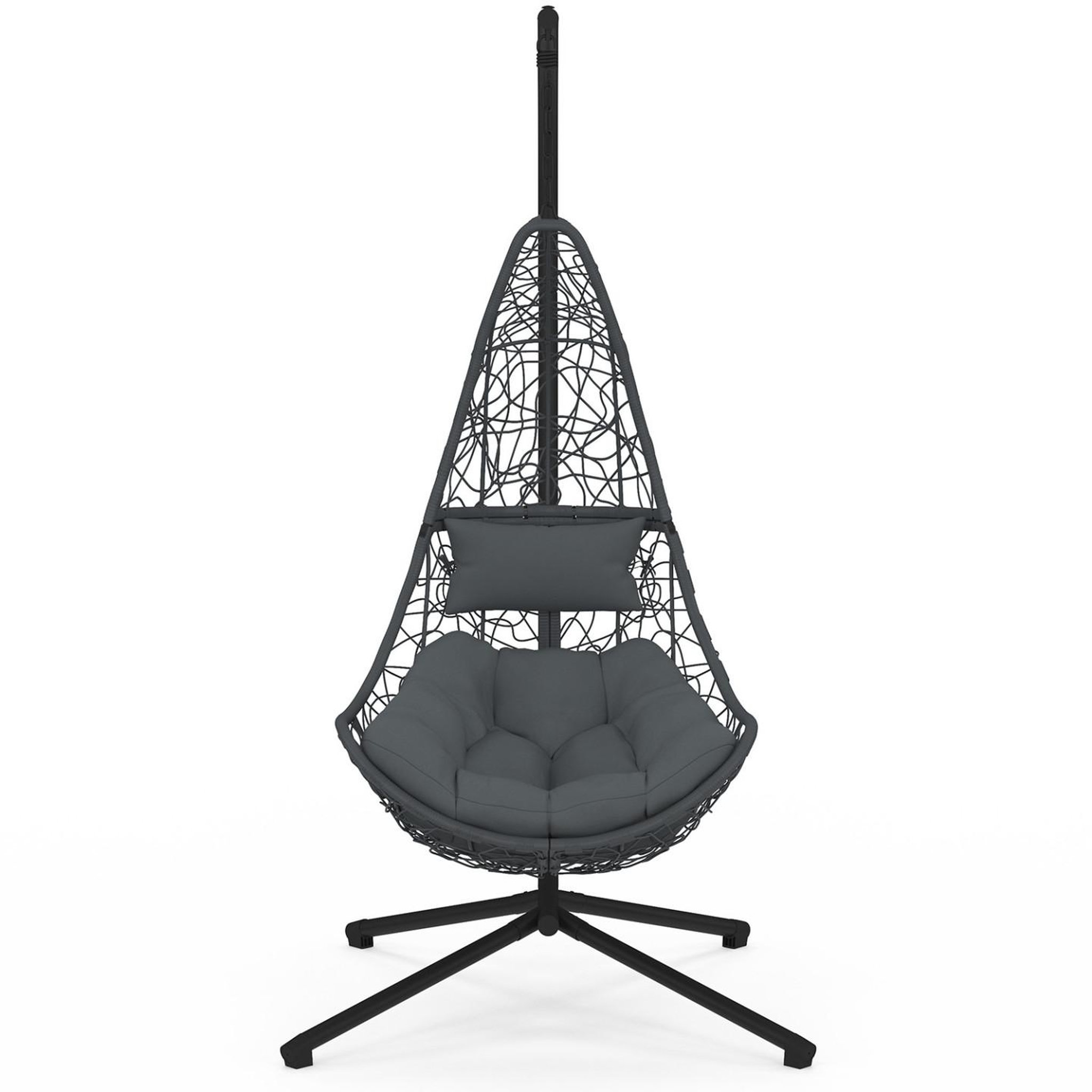 Voir la diapositive 5 : ID MARKET Fauteuil demi-lune suspendu ajouré effet rotin gris avec coussin gris