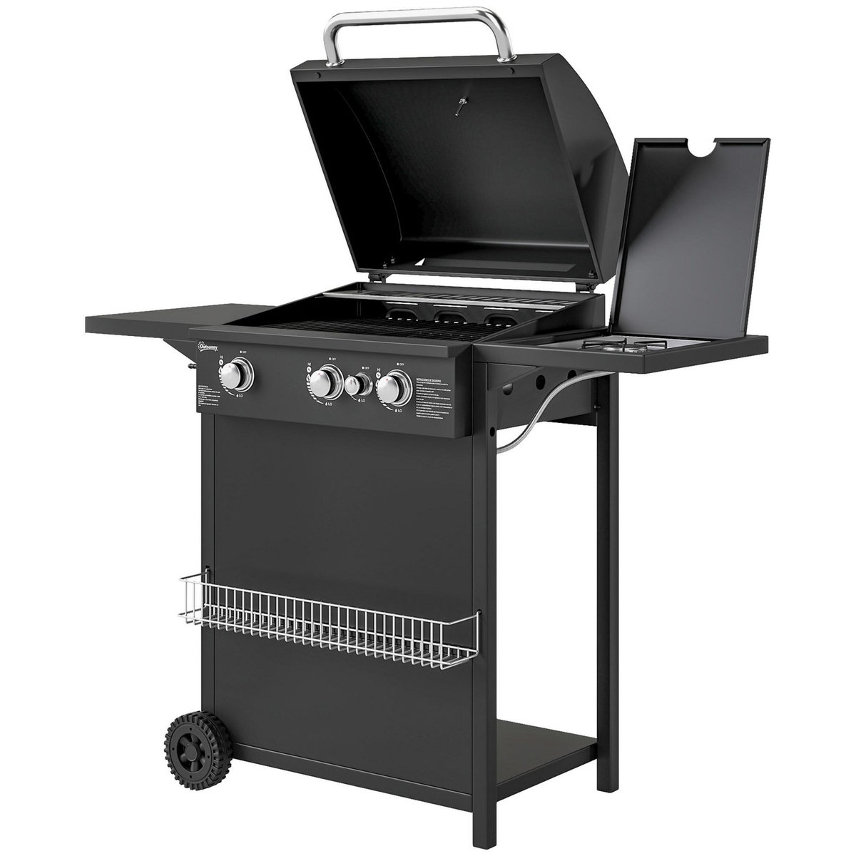 OUTSUNNY Barbecue gaz 3+1 brûleurs avec couvercle 2 roues - 9,5 kW - 2 grilles chromées, étagères latérales, thermomètre - noir