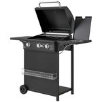 OUTSUNNY Barbecue gaz 3+1 brûleurs avec couvercle 2 roues - 9,5 kW - 2 grilles chromées, étagères latérales, thermomètre - noir