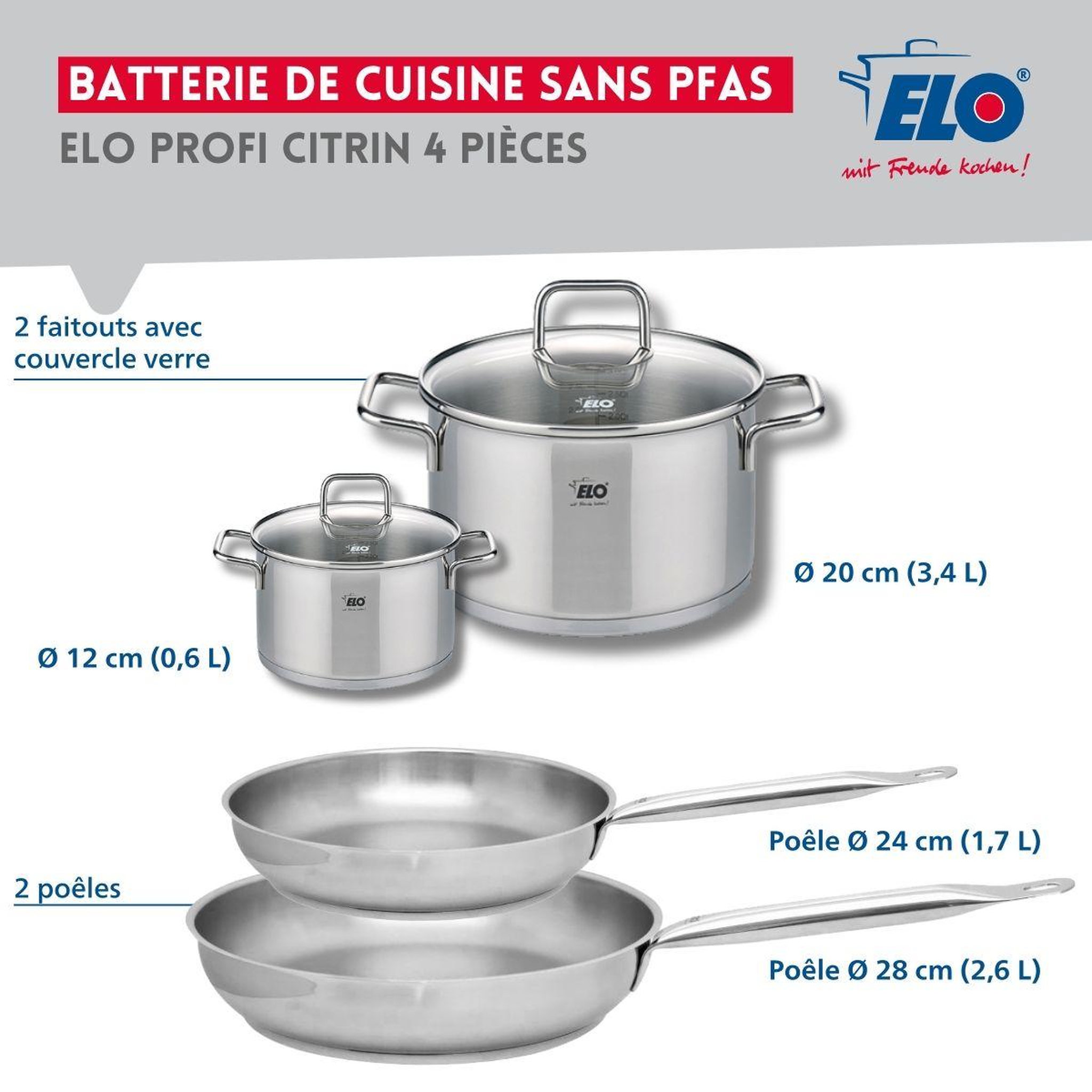 Voir la diapositive 2 : ELO Set de 2 poêles de cuisson 24 et 28 cm et 2 faitouts 12 et 20 cm elo profi citrin