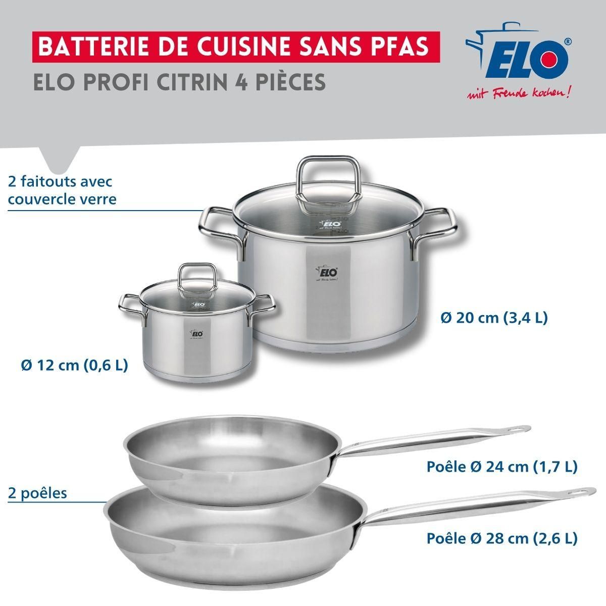ELO Set de 2 Poêles de cuisson 24 et 28 cm et 2 faitouts 12 et 20 cm Elo Profi Citrin