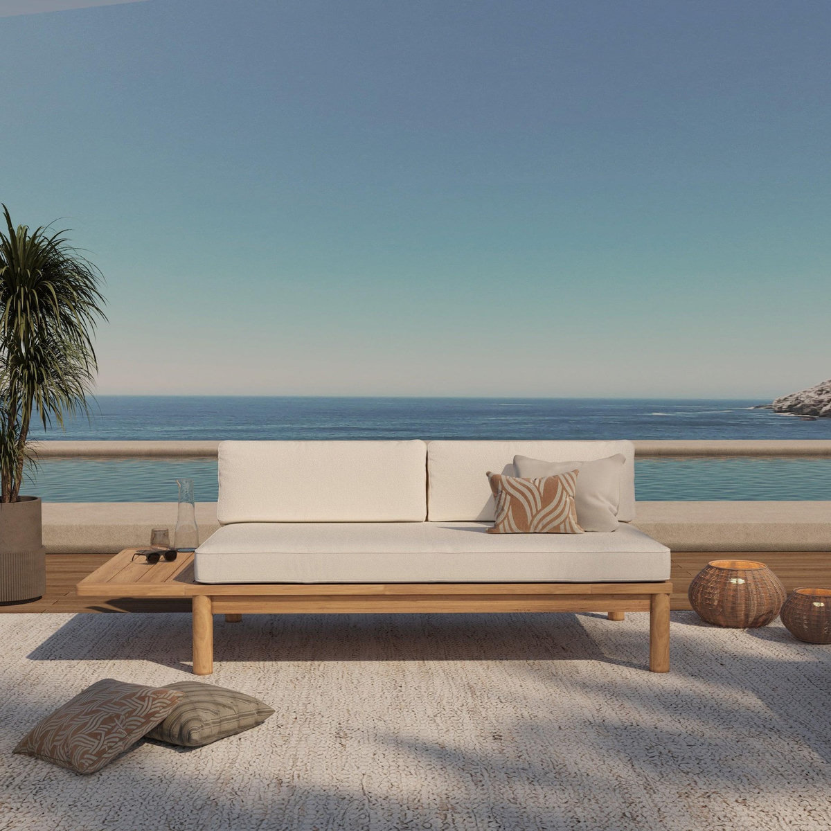 Rendez vous déco Canapé de jardin en teck massif et coussin blanc 2 places-Nadila