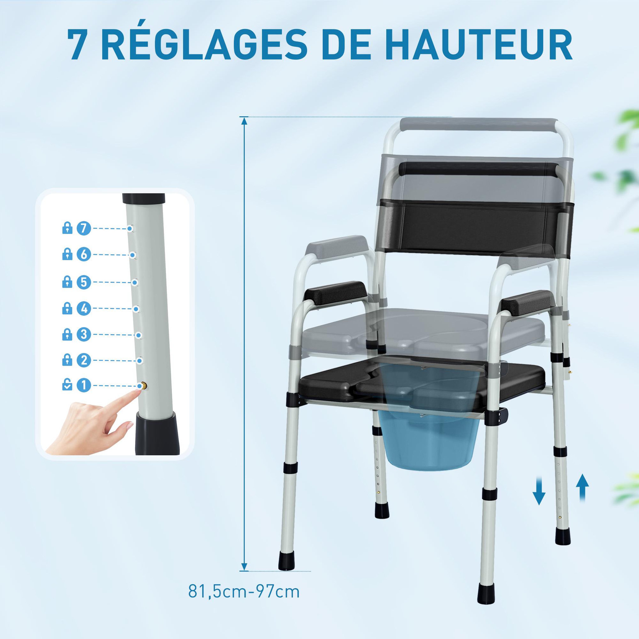 Voir la diapositive 6 : HOMCOM Chaise percée toilette pliable hauteur réglable - seau amovible - siège, accoudoirs rembourrés - max. 150 Kg - acier gris noir
