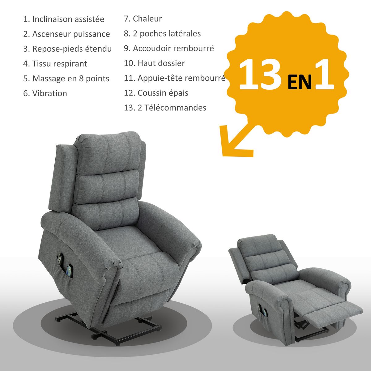HOMCOM Fauteuil de massage fauteuil releveur électrique inclinaison réglable repose-pied ajustable lin gris chiné