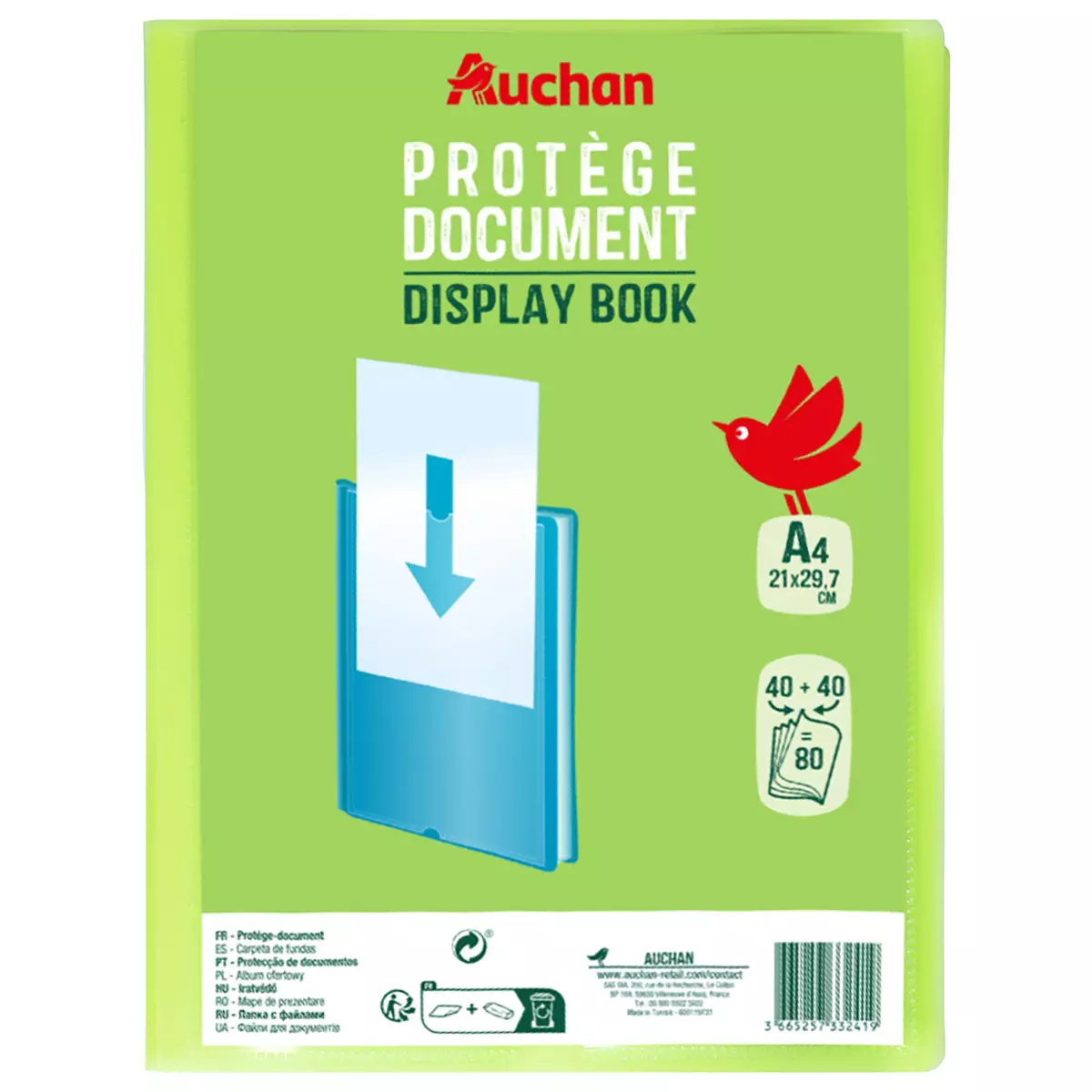 AUCHAN Protège document A4 souple 80 vues Polypro vert