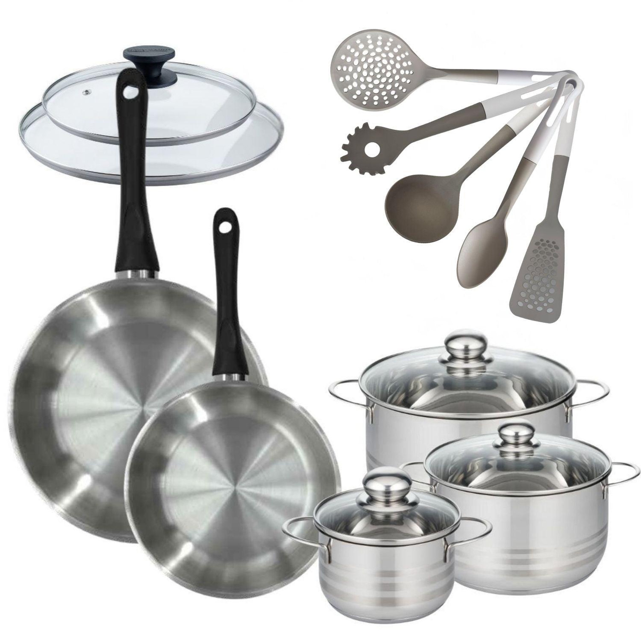 Fackelmann Batterie de cuisine généva brillant vario avec 3 faitouts et 2 poêles 7 ustensiles avec couvercles fackelmann généva brillant vario avec couvercles