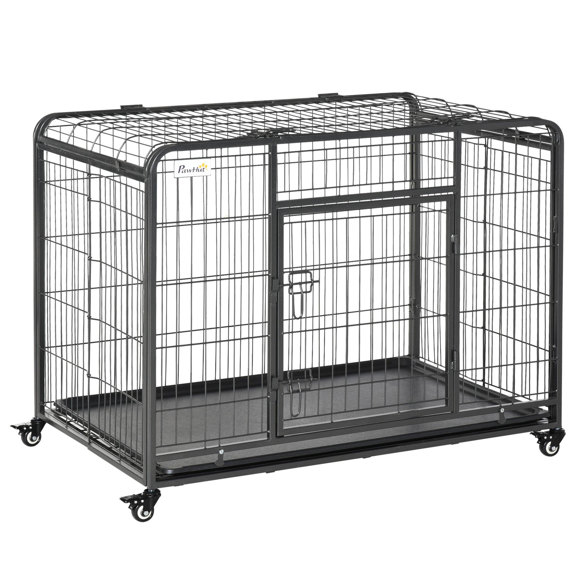 Voir la diapositive 1 : PAWHUT Cage pour chien pliable cage de transport sur roulettes 2 portes verrouillables plateau amovible dim. 109,5L x 71l x 78H cm métal gris noir