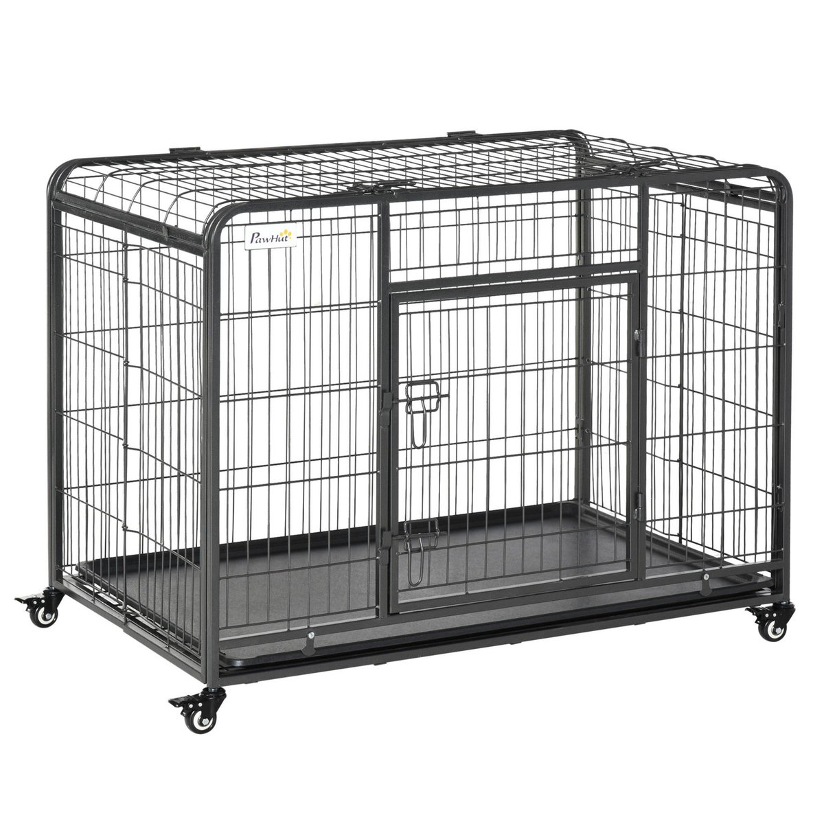 PAWHUT Cage pour chien pliable cage de transport sur roulettes 2 portes verrouillables plateau amovible dim. 109,5L x 71l x 78H cm métal gris noir