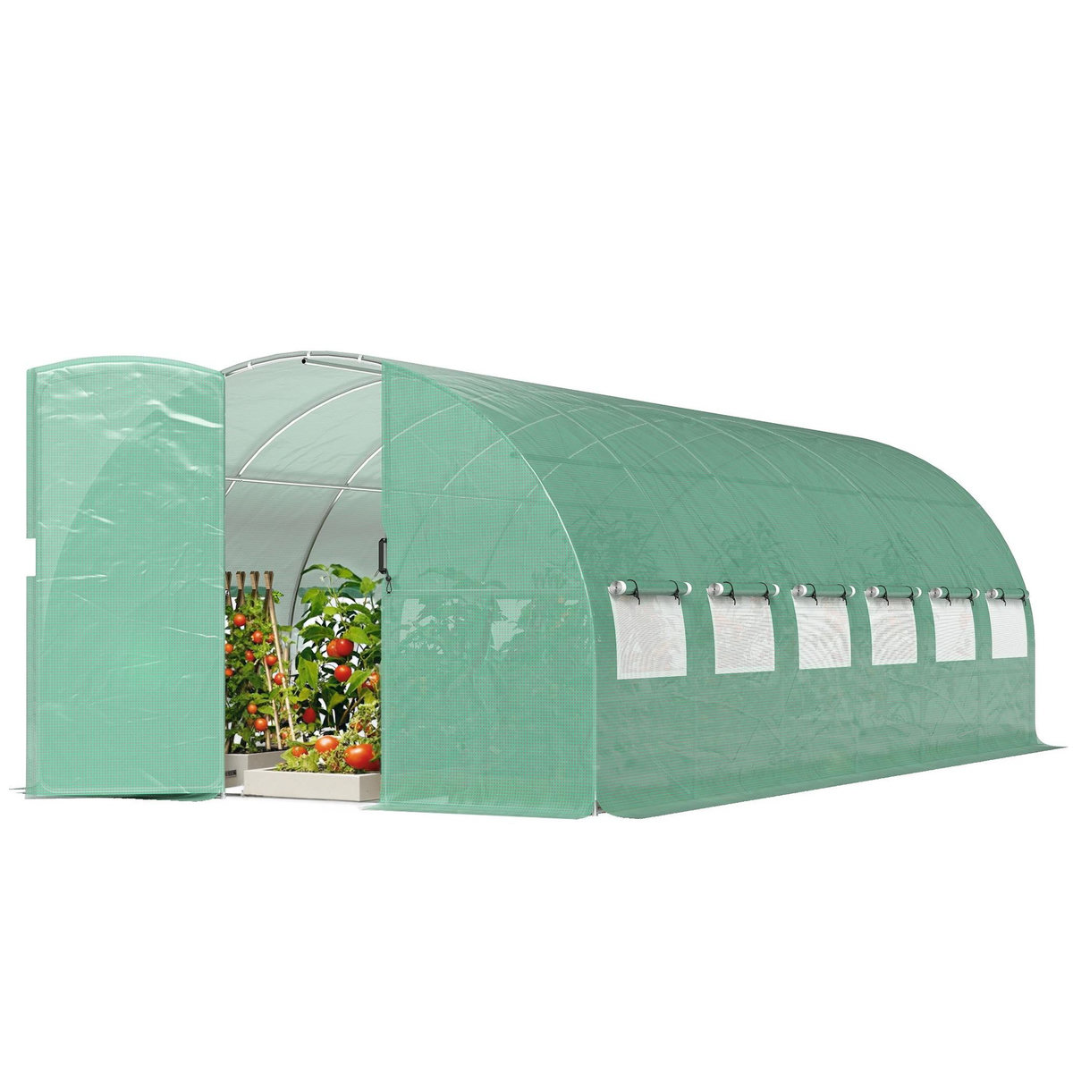 OUTSUNNY Serre tunnel de jardin 18 m² porte 12 fenêtres enroulables acier PE vert