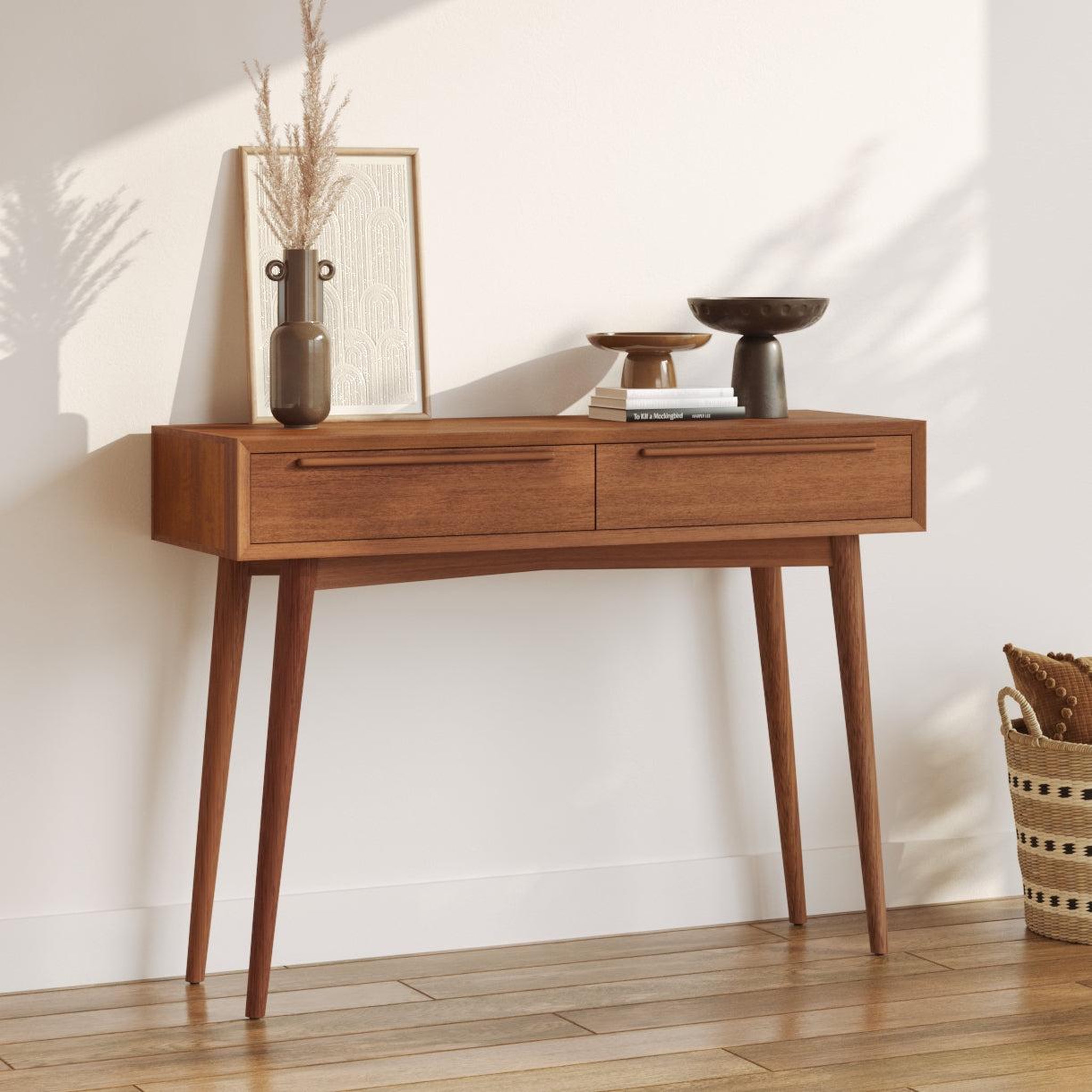 Voir la diapositive 2 : MAISON PAVANE Console en bois de teck, 2 tiroirs-waya
