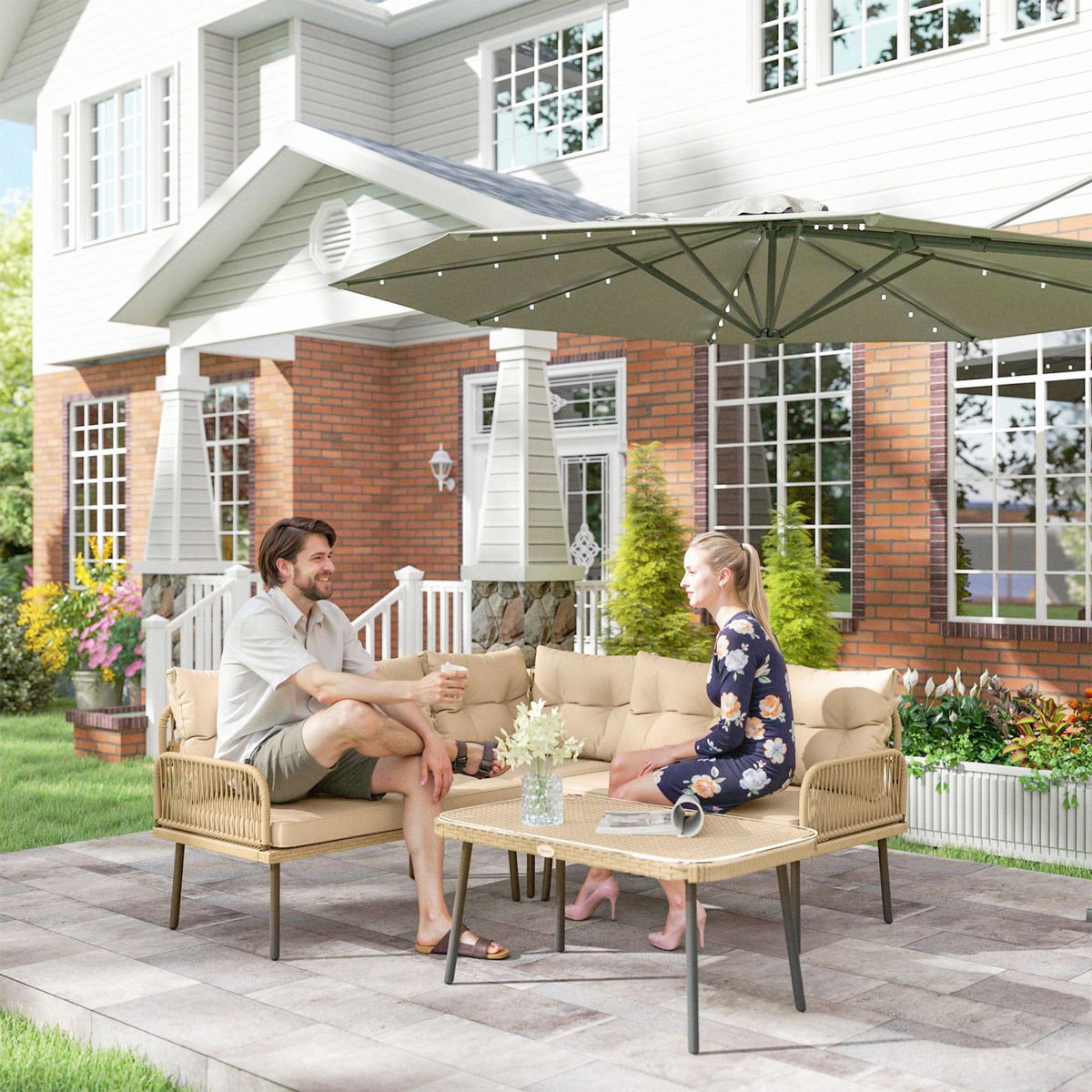 OUTSUNNY Ensemble salon de jardin d'angle 5 places avec table basse et coussins beige résine tressée effet rotin