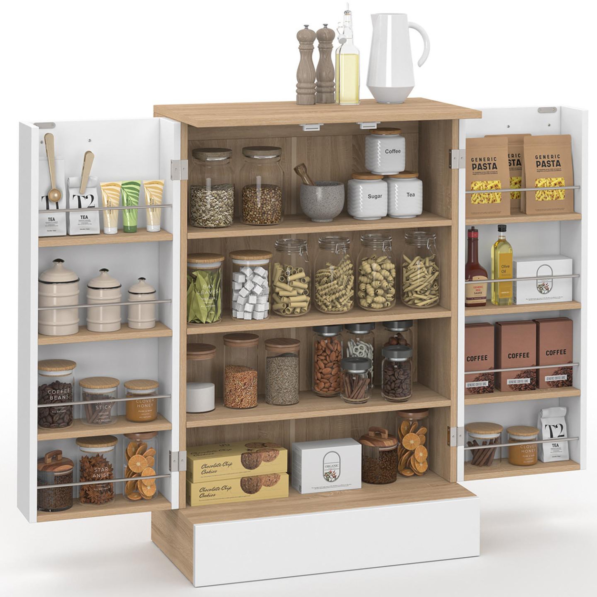 Voir la diapositive 1 : ID MARKET Buffet bas de cuisine ALTO H.90 cm avec rangements blanc et bois