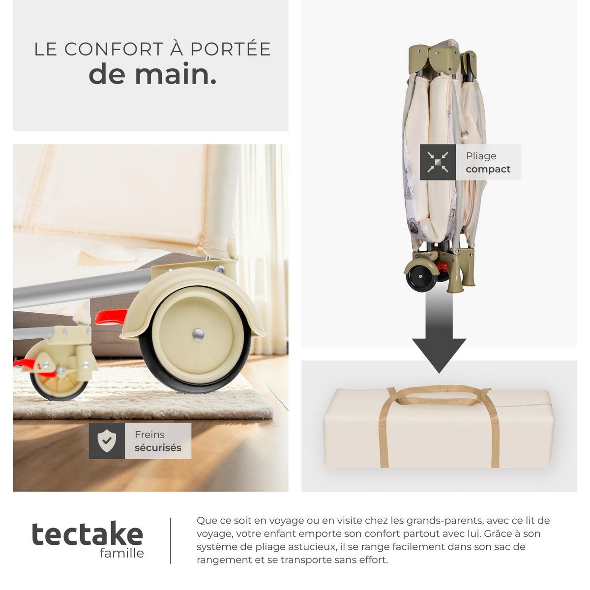 tectake Lit de voyage pour enfants peu encombrant pliable et réglable en hauteur beige
