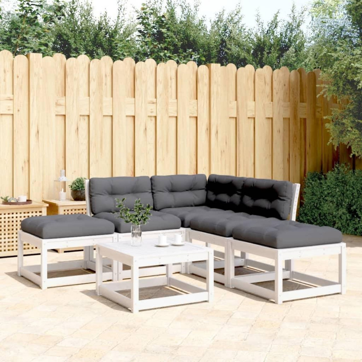 VIDAXL Salon de jardin 5 pcs avec coussins blanc bois massif de pin