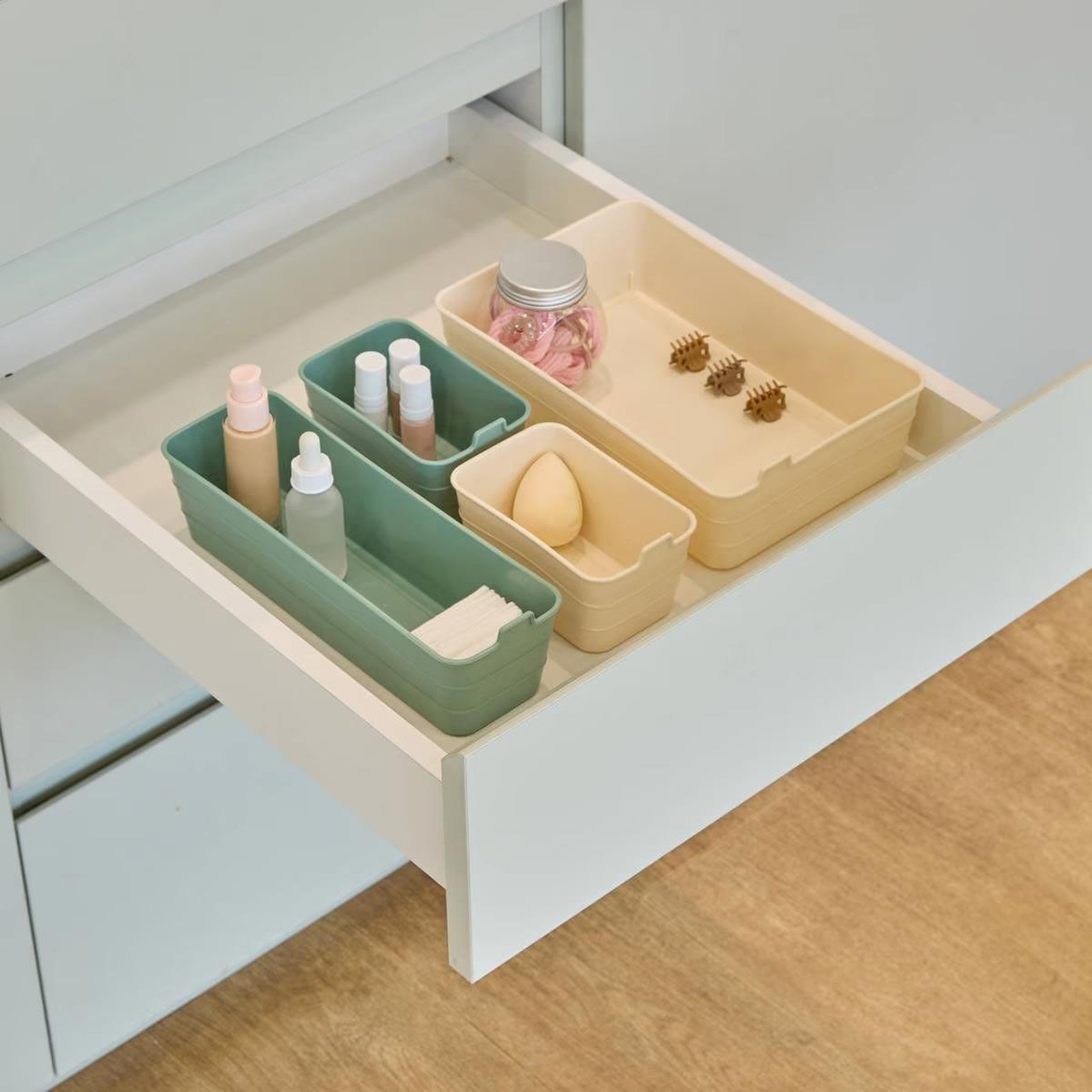 Voir la diapositive 3 : FIVE Lot de 4 organisateurs de tiroir  boxy  27cm vert & beige